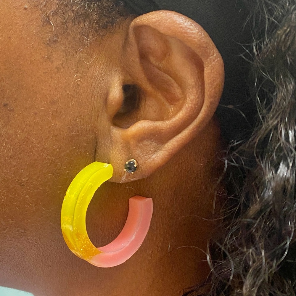UV Resin Summertime Vibes Small Yellow and Peach Gold tone Hoop Earrings
